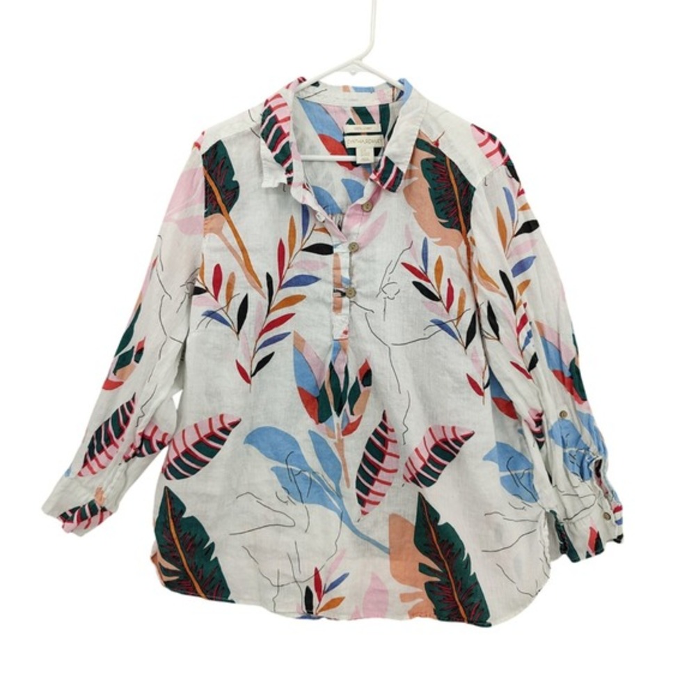 Cynthia Rowley Womens Coastal Tropical Airy 100% Linen Shirt 2X White Resort Top